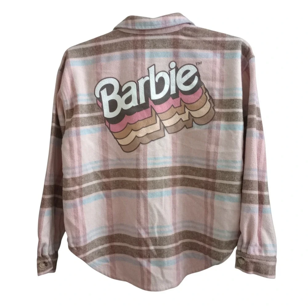 Barbie Pink Plaid Flannel Button Down Shirt Shacket Cozy Size Small - Picture 2 of 5